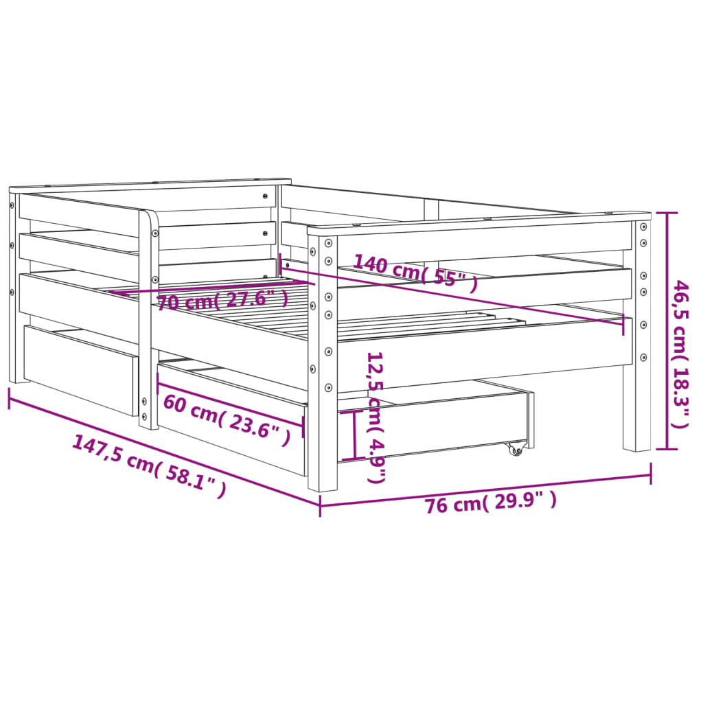 vidaXL Lasten sängynrunko laatikoilla 70x140 cm täysi mänty