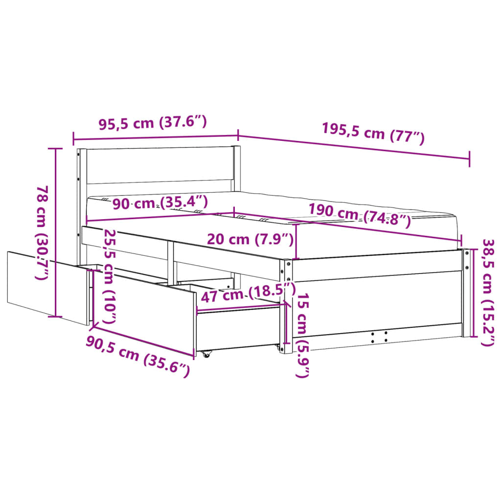 vidaXL Sänky laatikoilla ja patjalla valkoinen 90x190 cm täysi mänty