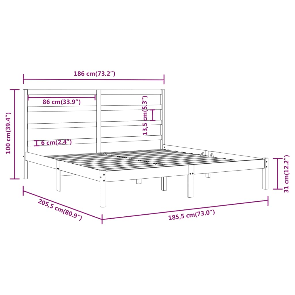 vidaXL Sängynrunko harmaa täysi mänty 180x200 cm Super King