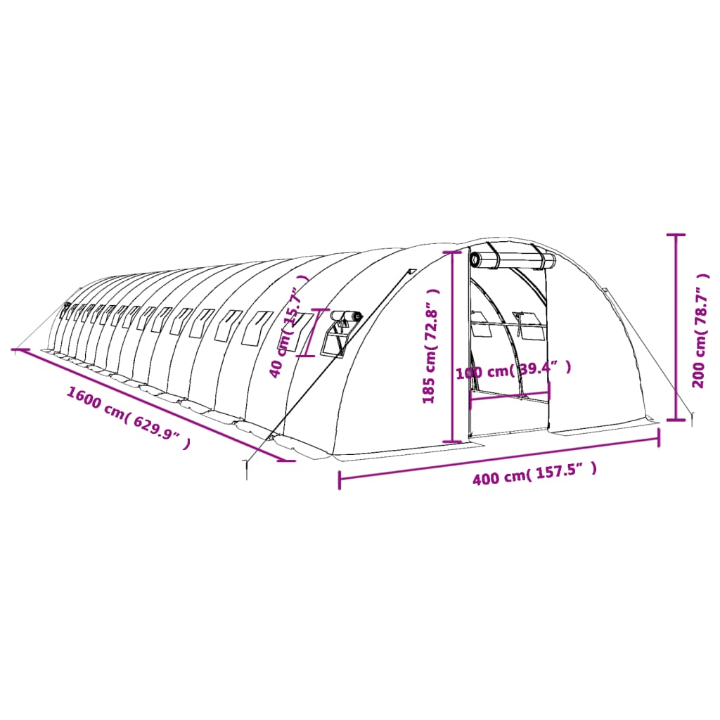 vidaXL Kasvihuone teräsrungolla valkoinen 64 m² 16x4x2 m