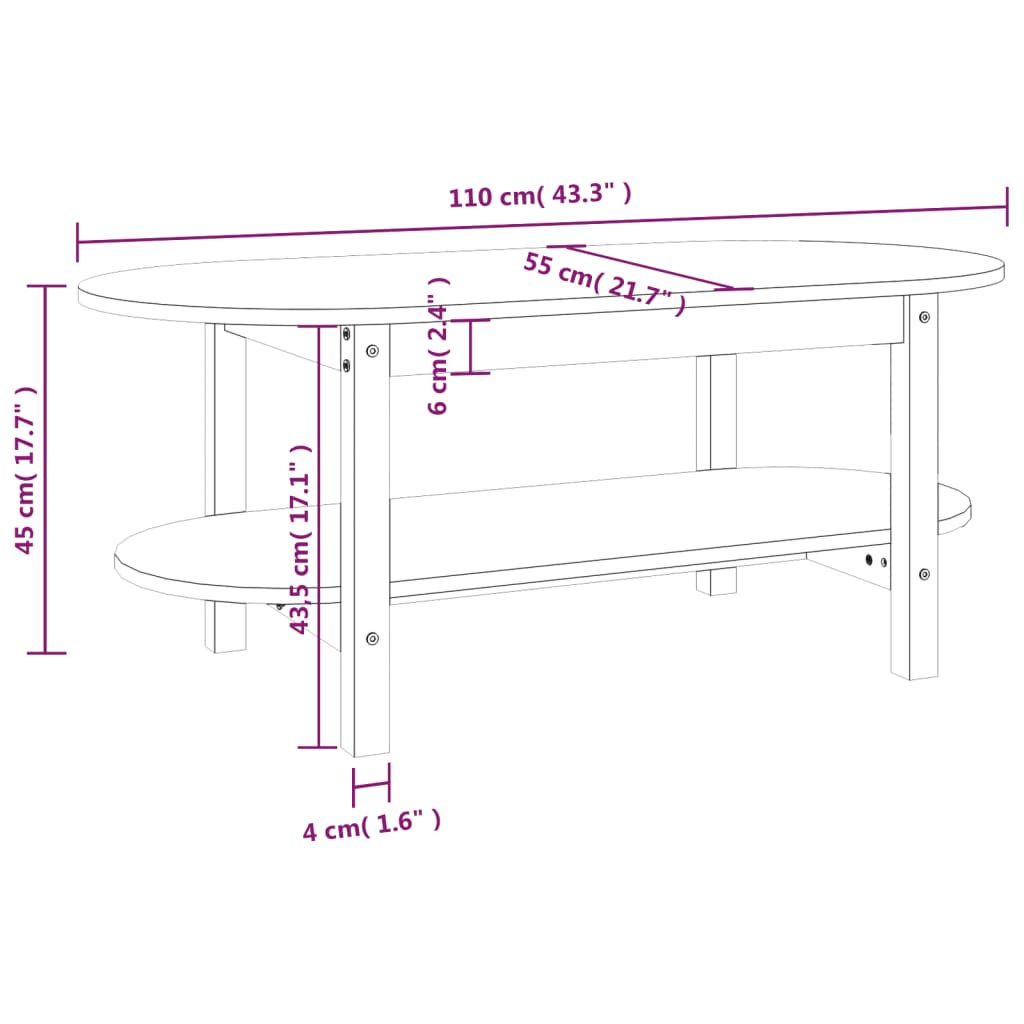 vidaXL Sohvapöytä hunajanruskea 110x55x45 cm täysi mänty