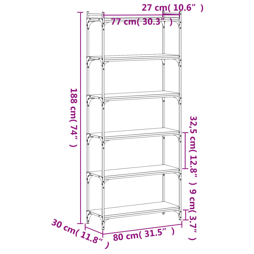 vidaXL Kirjahylly 6 kerrosta musta 80x30x188 cm tekninen puu