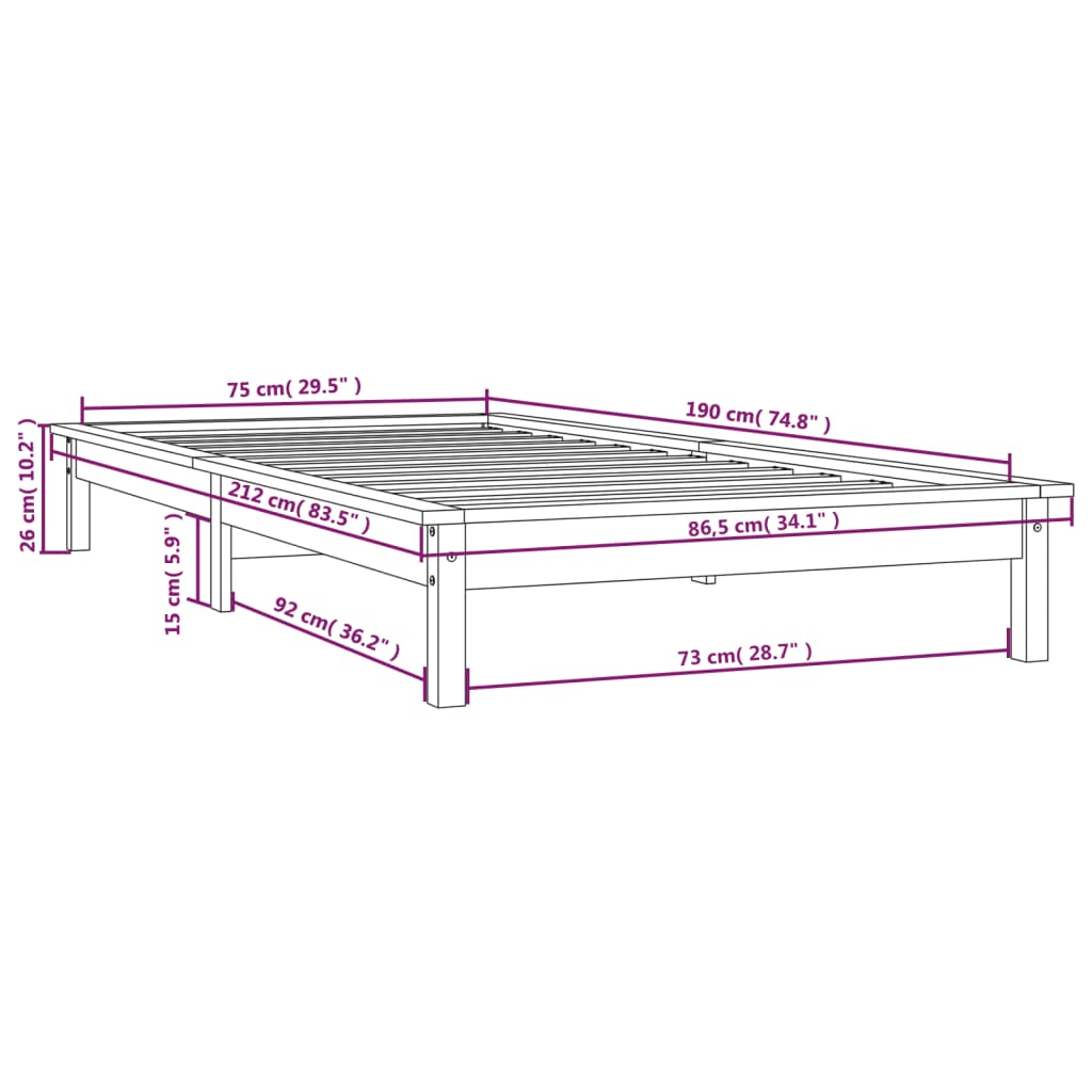 vidaXL Sängynrunko hunajanrusk 75x190 cm täysi mänty Small Single