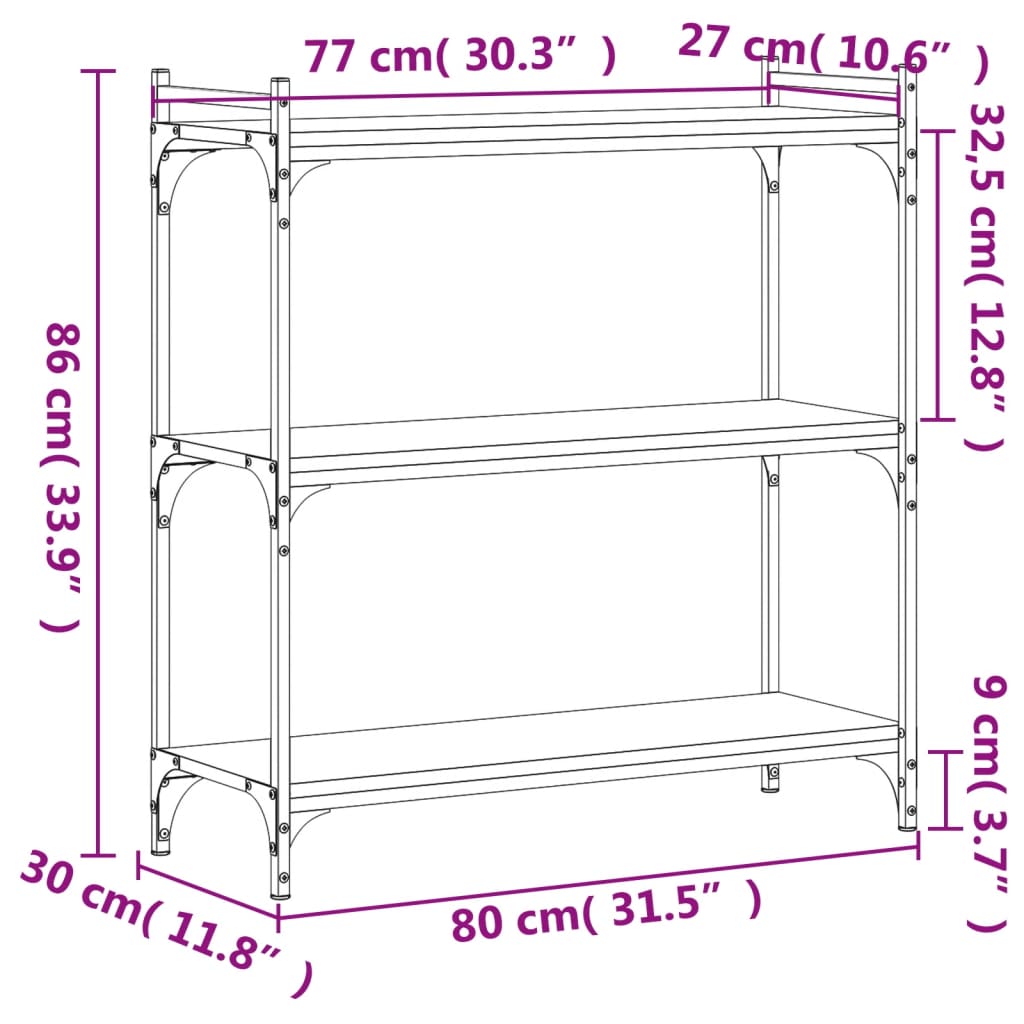 vidaXL Kirjahylly 3 kerrosta savutammi 80x30x86 cm tekninen puu