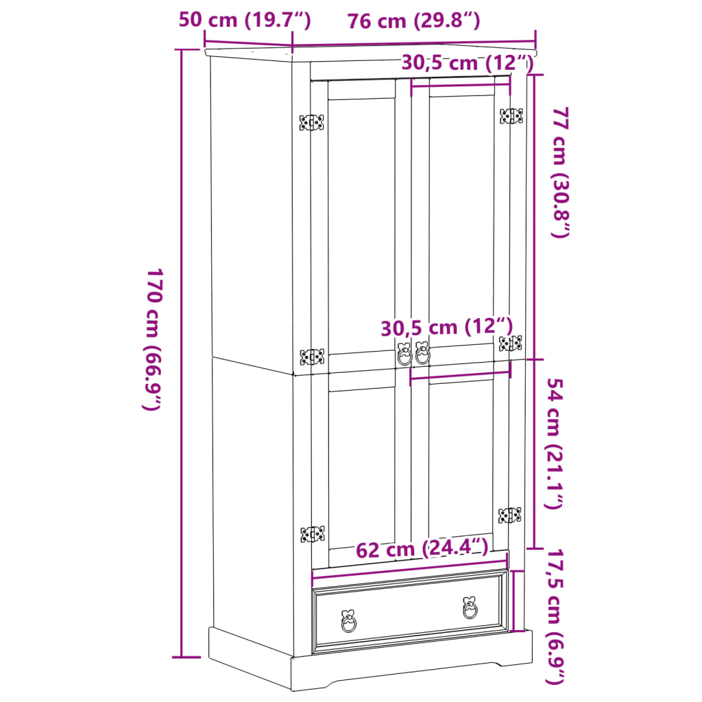 vidaXL Vaatekaappi Corona 76x50x170 cm täysi mänty