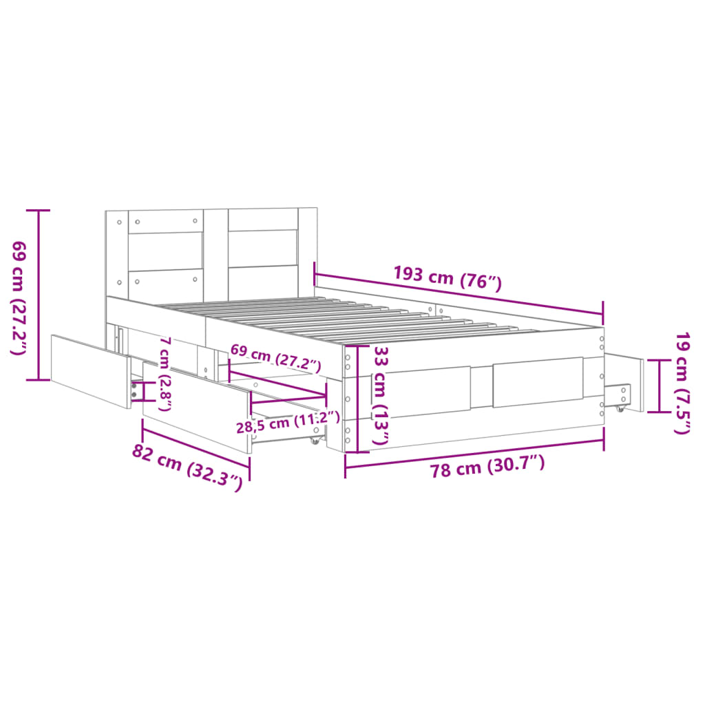 vidaXL Sängynrunko päädyllä musta 75x190 cm tekninen puu