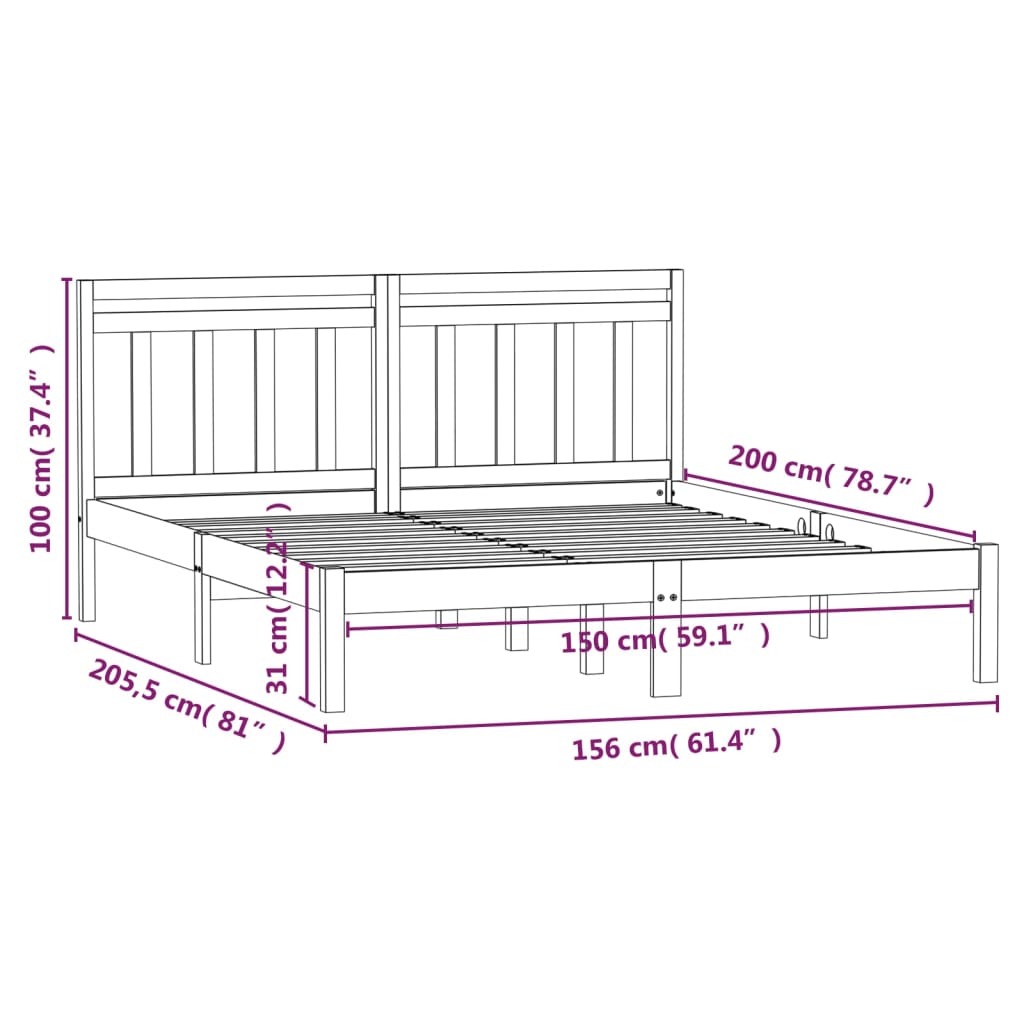 vidaXL Sängynrunko musta 150x200 cm King Size täysi puu