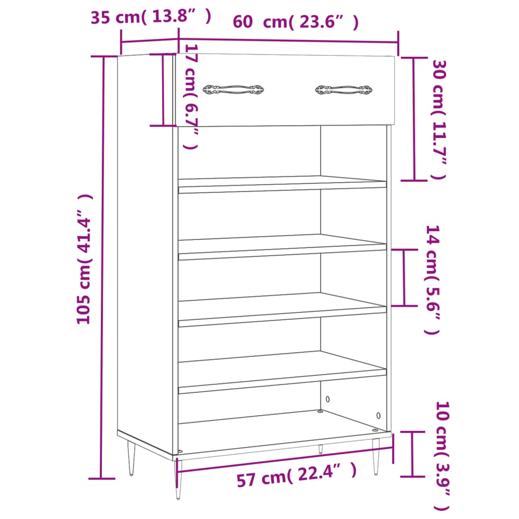 vidaXL Kenkäkaappi savutammi 60x35x105 cm tekninen puu