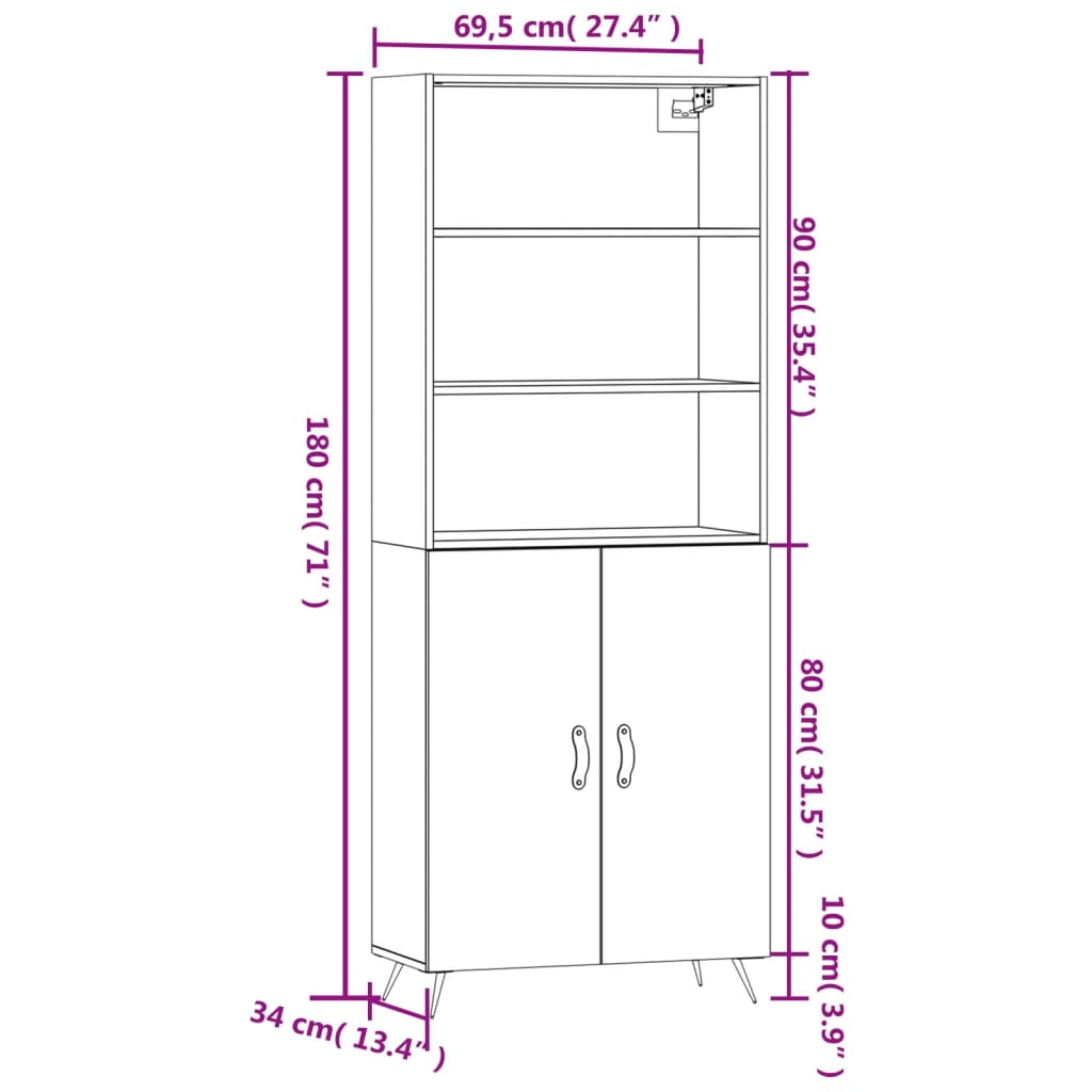 vidaXL Kaappi betoninharmaa 69,5x34x180 cm tekninen puu