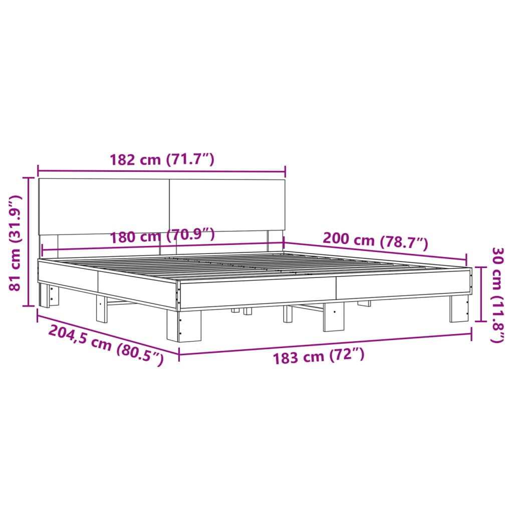 vidaXL Sängynrunko Sonoma tammi 180x200 cm tekninen puu ja metalli