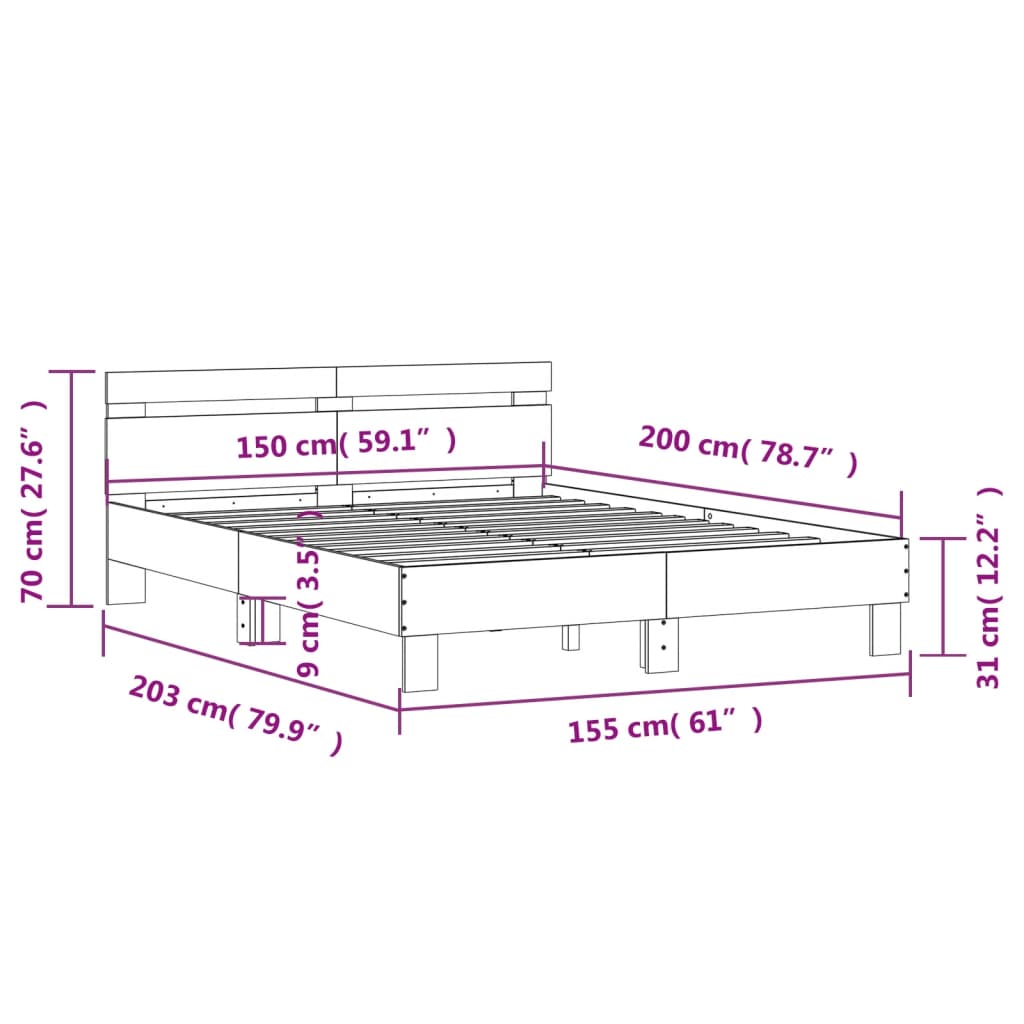 vidaXL Sängynrunko päätylevyllä betoninharmaa 150x200 cm tekninen puu