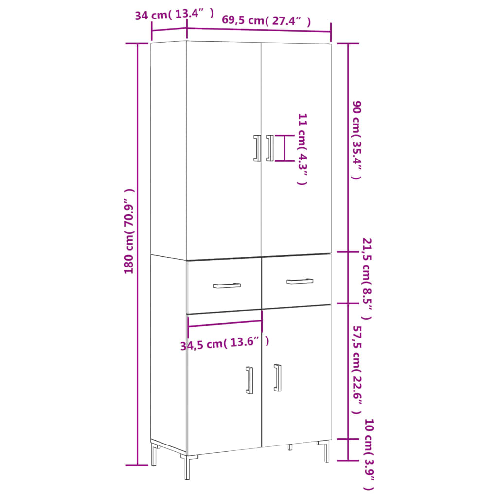 vidaXL Kaappi betoninharmaa 69,5x34x180 cm tekninen puu