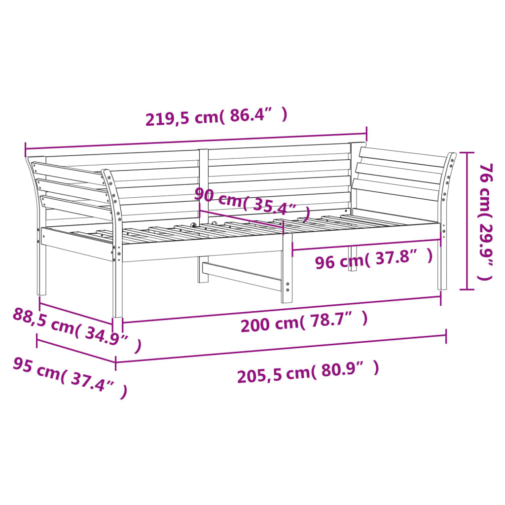 vidaXL Vuodesohva ilman patjaa vahanruskea 90x200 cm täysi mänty