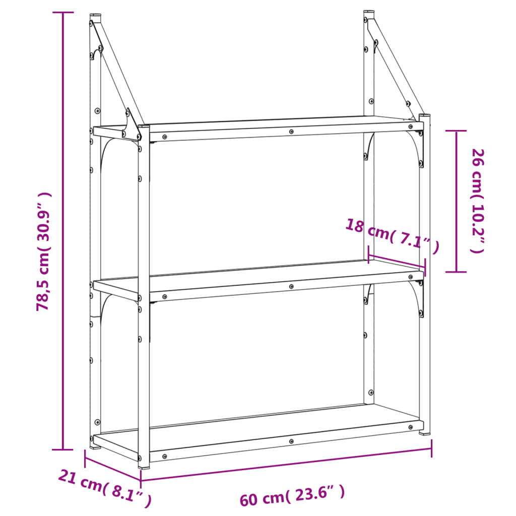 vidaXL Seinähylly 3 kerrosta ruskea tammi 60x21x78,5 cm tekninen puu