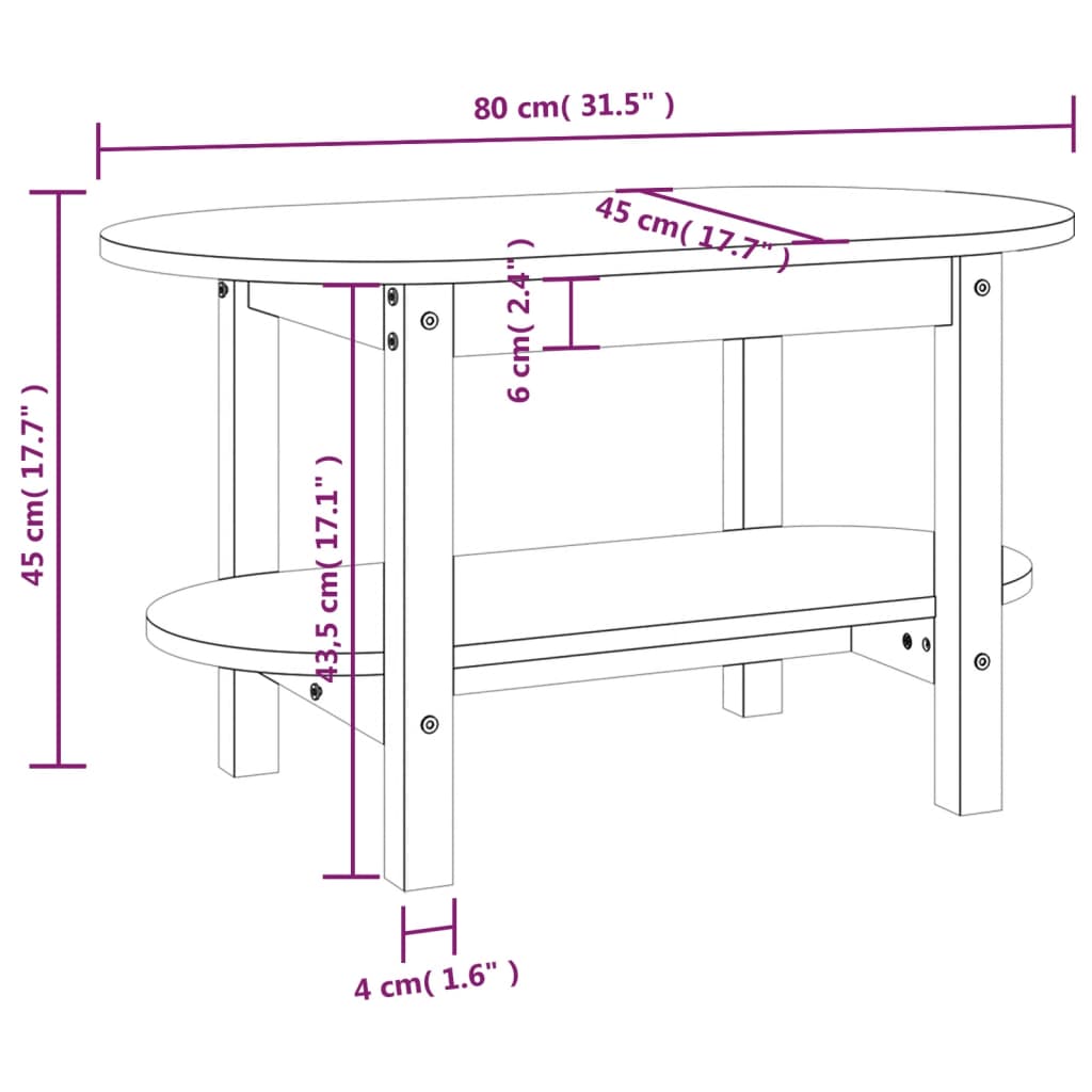 vidaXL Sohvapöytä musta 80x45x45 cm täysi mänty