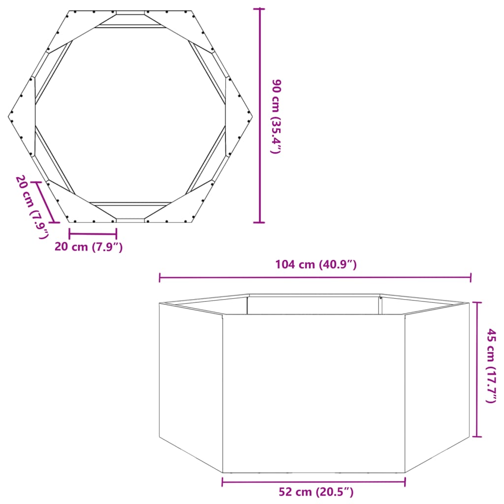 vidaXL Puutarhakukkalaatikko kuusikulmainen 104x90x45 cm teräs