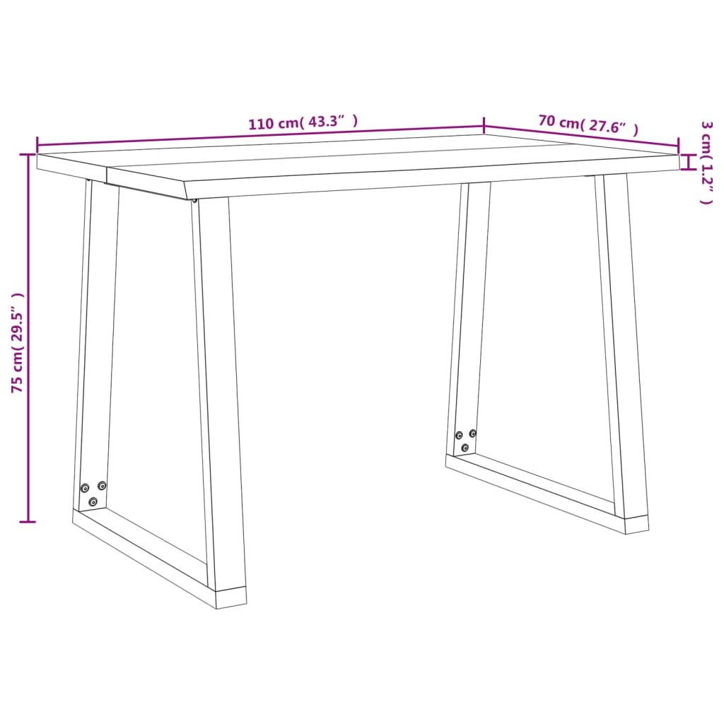 vidaXL Ruokapöytä elävillä reunoilla 110x70x75 cm täysi akasiapuu