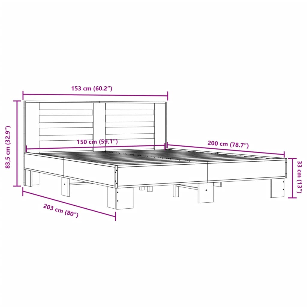 vidaXL Sängynrunko Sonoma-tammi 150x200 cm tekninen puu ja metalli