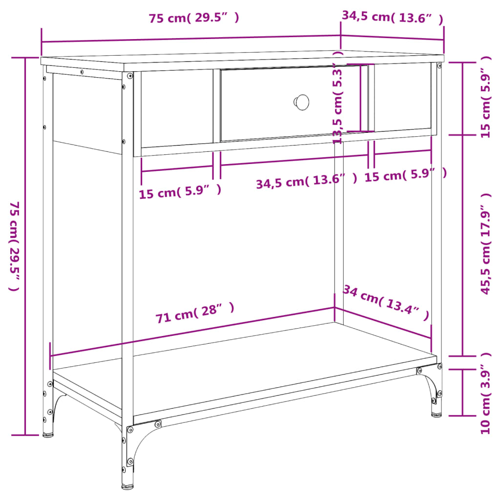 vidaXL Konsolipöytä harmaa Sonoma 75x34,5x75 cm tekninen puu