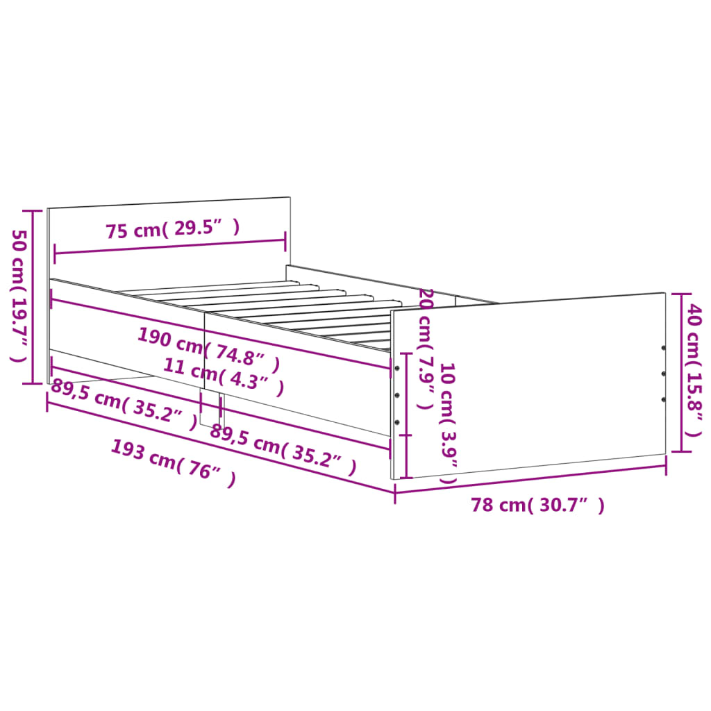 vidaXL Sängynrunko musta 75x190 cm Small Single tekninen puu