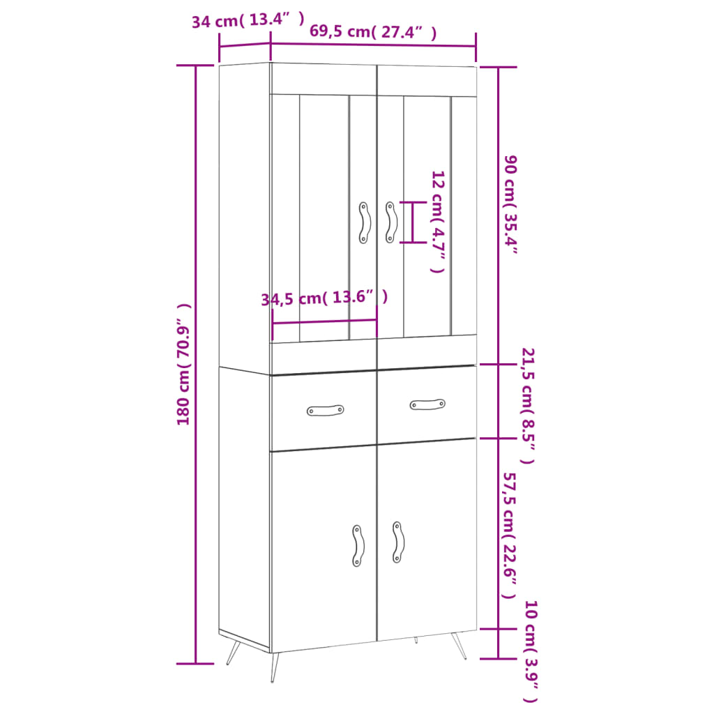 vidaXL Kaappi ruskea tammi 69,5x34x180 cm tekninen puu