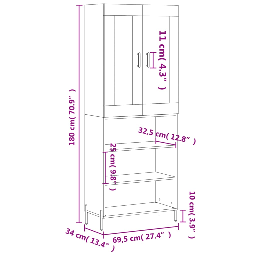 vidaXL Kaappi betoninharmaa 69,5x34x180 cm tekninen puu