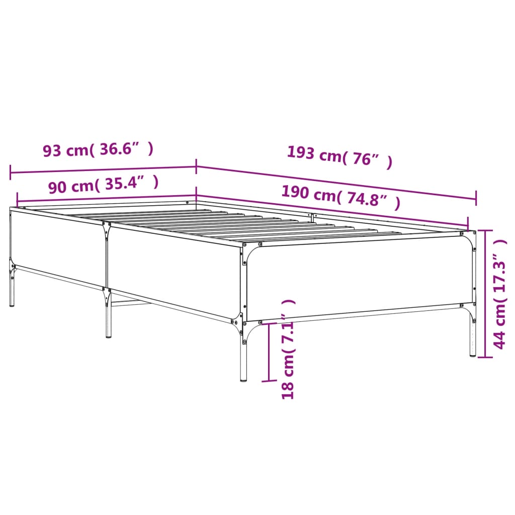 vidaXL Sängynrunko harmaa Sonoma 90x190 cm tekninen puu ja metalli