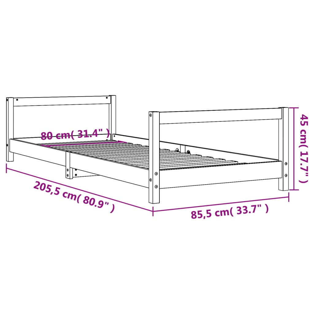 vidaXL Lasten sängynrunko valkoinen 80x200 cm täysi mänty