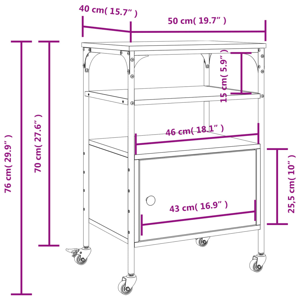 vidaXL Tulostinteline 3 tasoa ruskea tammi 50x40x76 cm tekninen puu