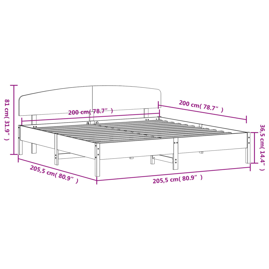 vidaXL Sängynrunko ilman patjaa valkoinen 200x200 cm täysi mänty