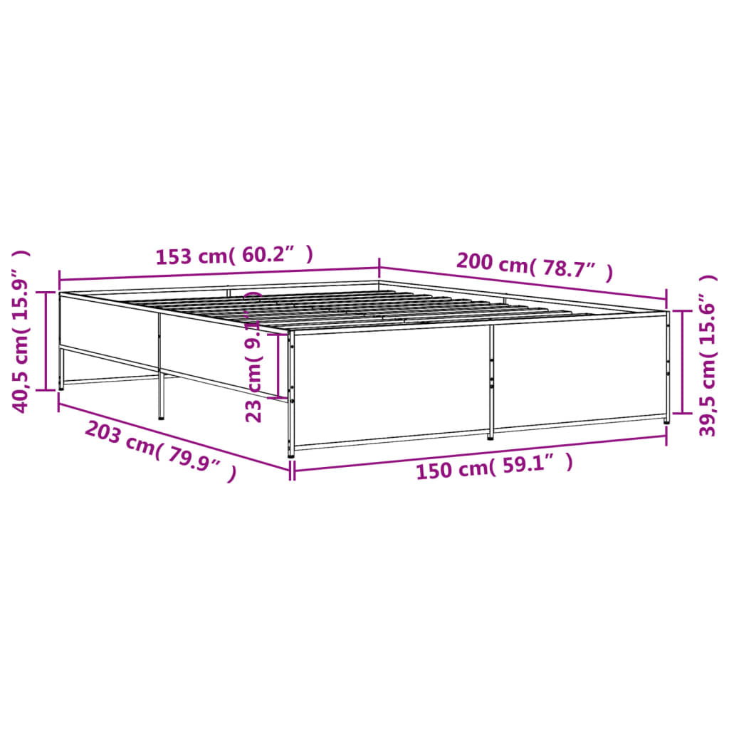 vidaXL Sängynrunko harmaa Sonoma 150x200 cm tekninen puu ja metalli