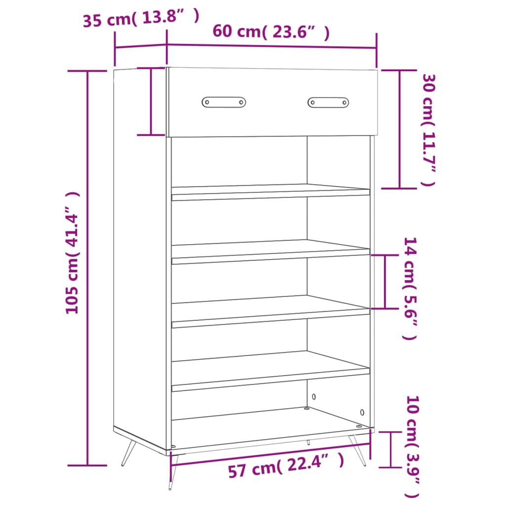 vidaXL Kenkäkaappi Sonoma-tammi 60x35x105 cm tekninen puu