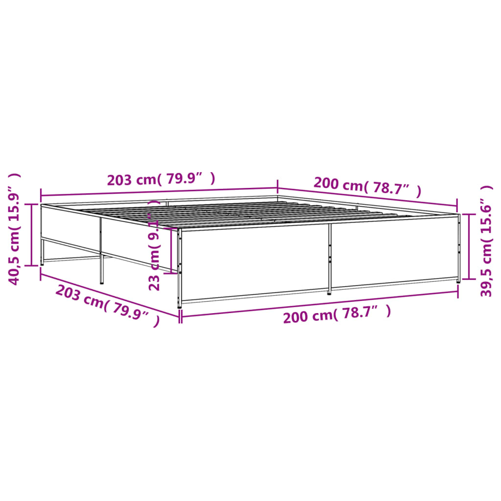 vidaXL Sängynrunko harmaa Sonoma 200x200 cm tekninen puu ja metalli