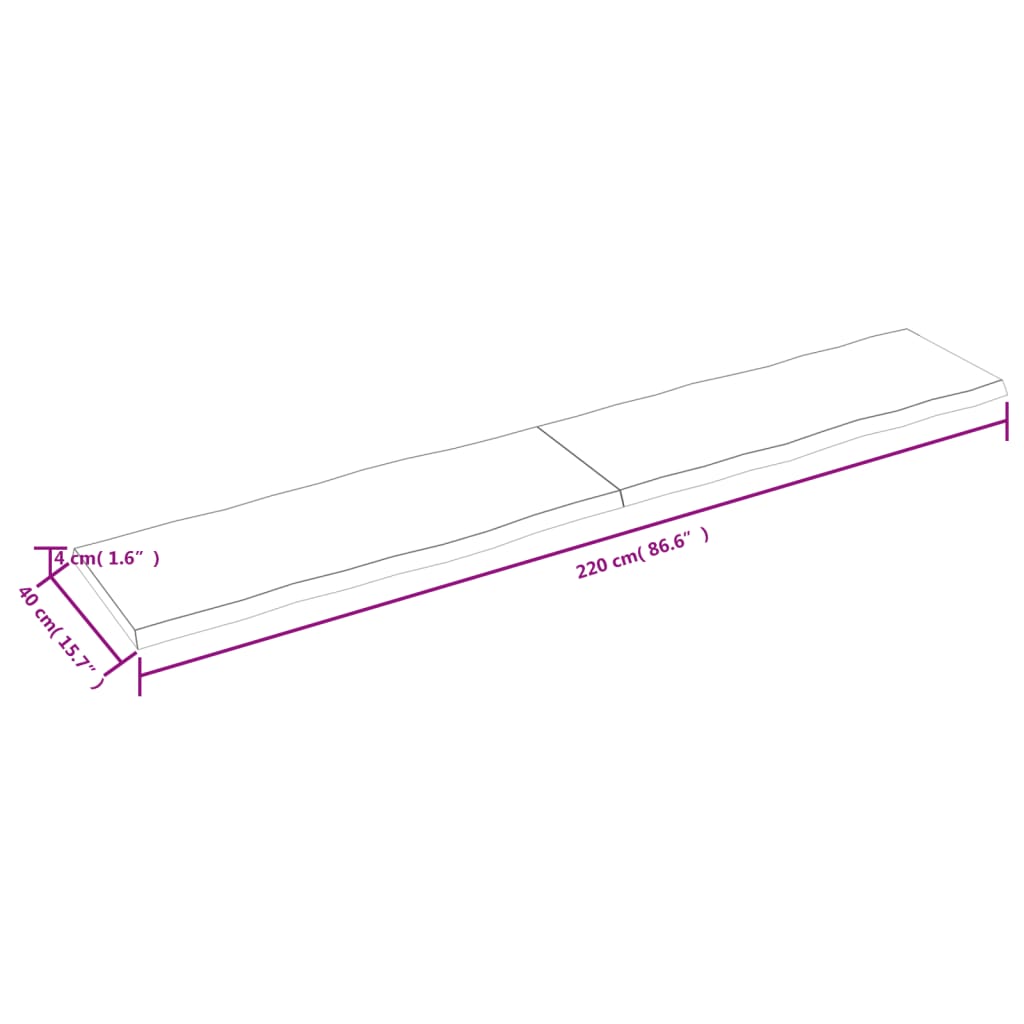 vidaXL Pöytälevy 220x40x(2-4) cm käsittelemätön täysi puu elävä reuna