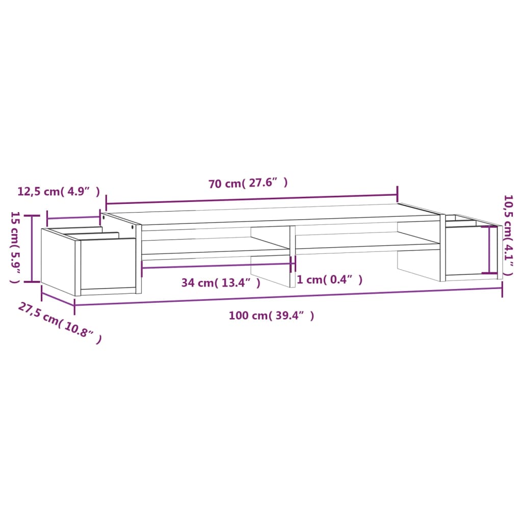 vidaXL Näyttökoroke harmaa 100x27,5x15 cm täysi mänty