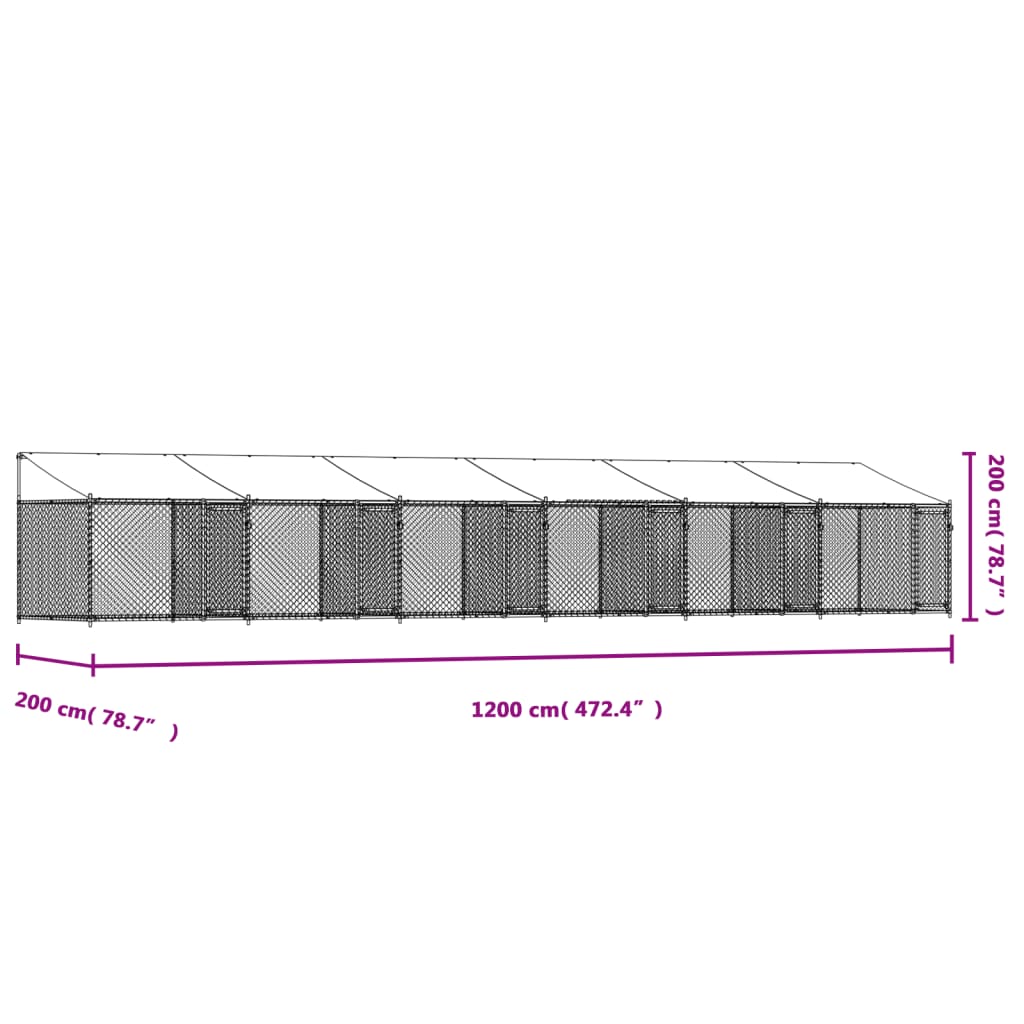 vidaXL Koiranhäkki katolla ja ovilla harmaa 12x2x2 m galvanoitu teräs