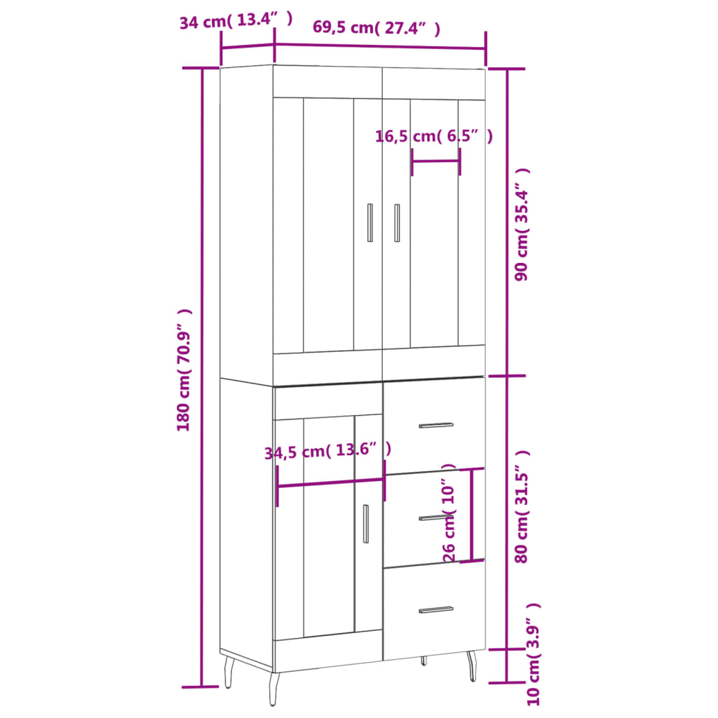 vidaXL Kaappi ruskea tammi 69,5x34x180 cm tekninen puu