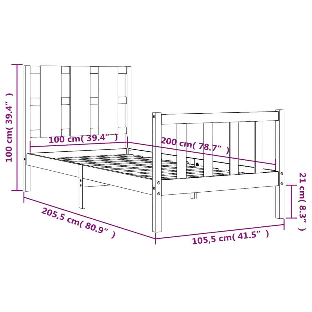 vidaXL Sängynrunko päädyllä musta 100x200 cm täysi puu