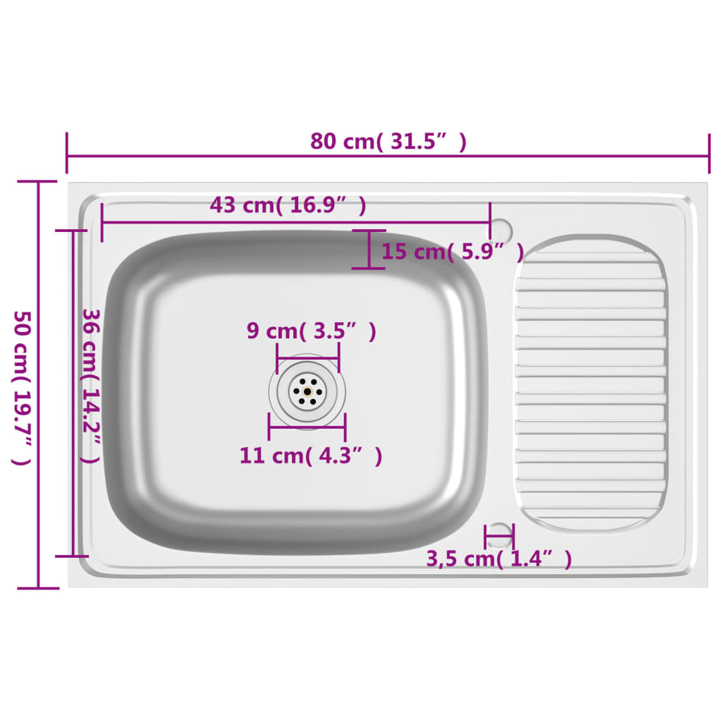 vidaXL Tiskiallas viemärisarjalla hopea 800x500x155 mm ruostum. teräs