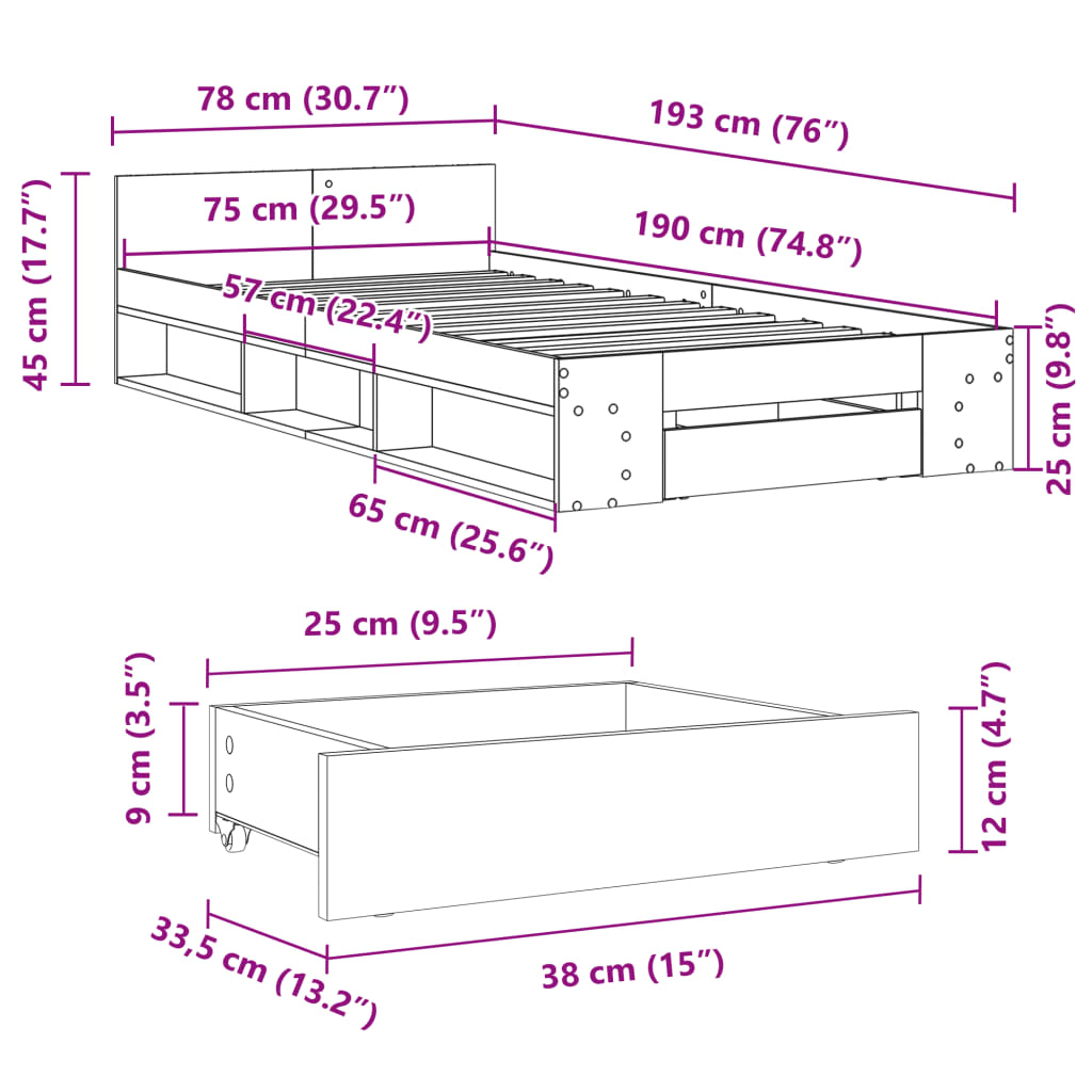 vidaXL Sängynrunko laatikolla betoninharmaa 75x190 cm tekninen puu