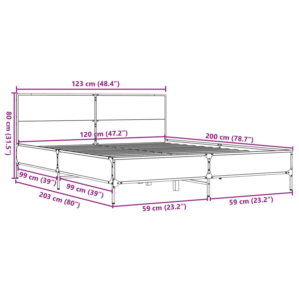 vidaXL Sängynrunko savutammi 120x200 cm tekninen puu ja metalli