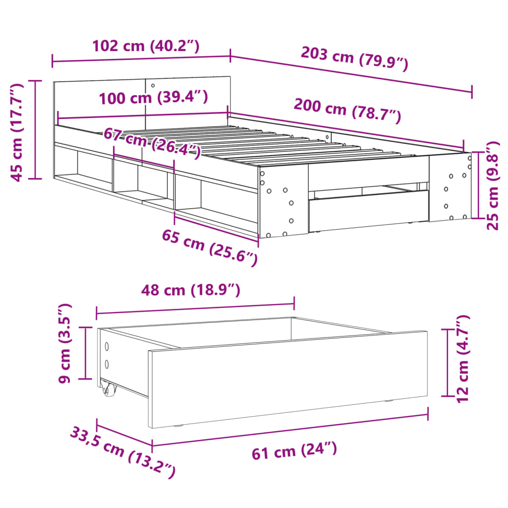 vidaXL Sängynrunko laatikolla harmaa Sonoma 100x200 cm tekninen puu