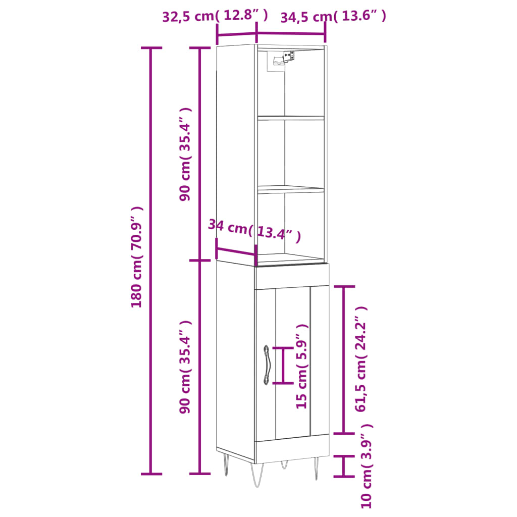 vidaXL Kaappi harmaa Sonoma 34,5x34x180 cm tekninen puu