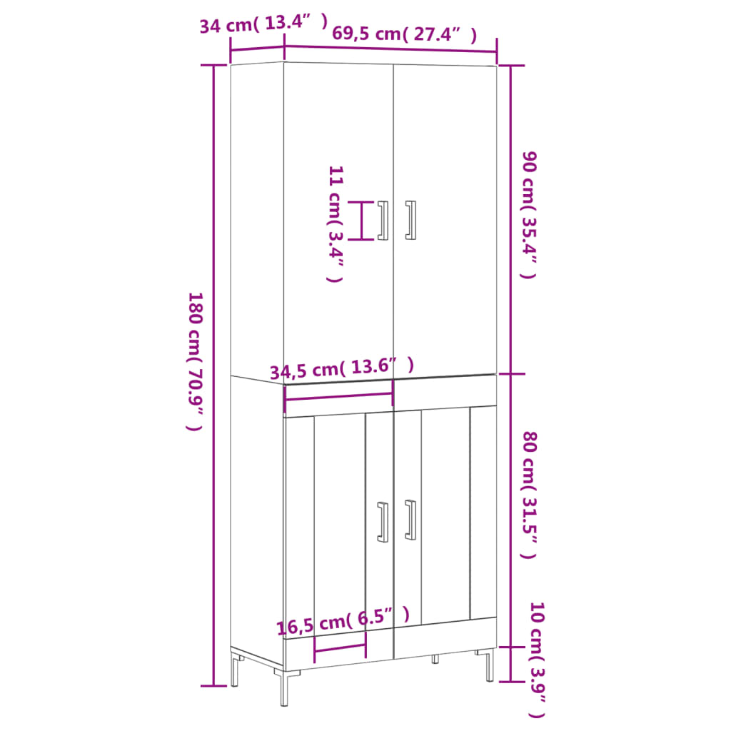 vidaXL Kaappi ruskea tammi 69,5x34x180 cm tekninen puu