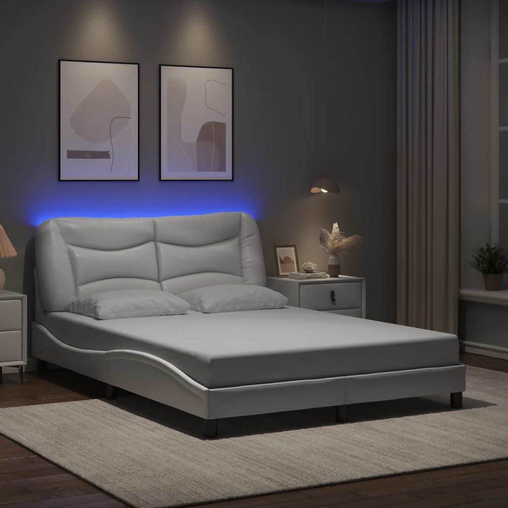 vidaXL Sängynrunko LED-valoilla valkoinen 140x190 cm keinonahka