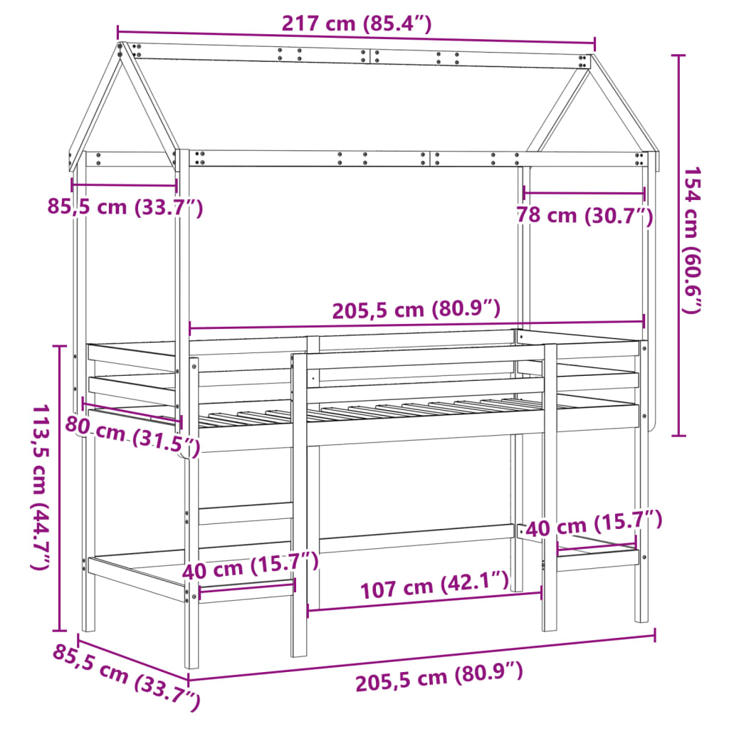 vidaXL Parvisänky tikkailla ja katoksella 80x200 cm täysi mänty