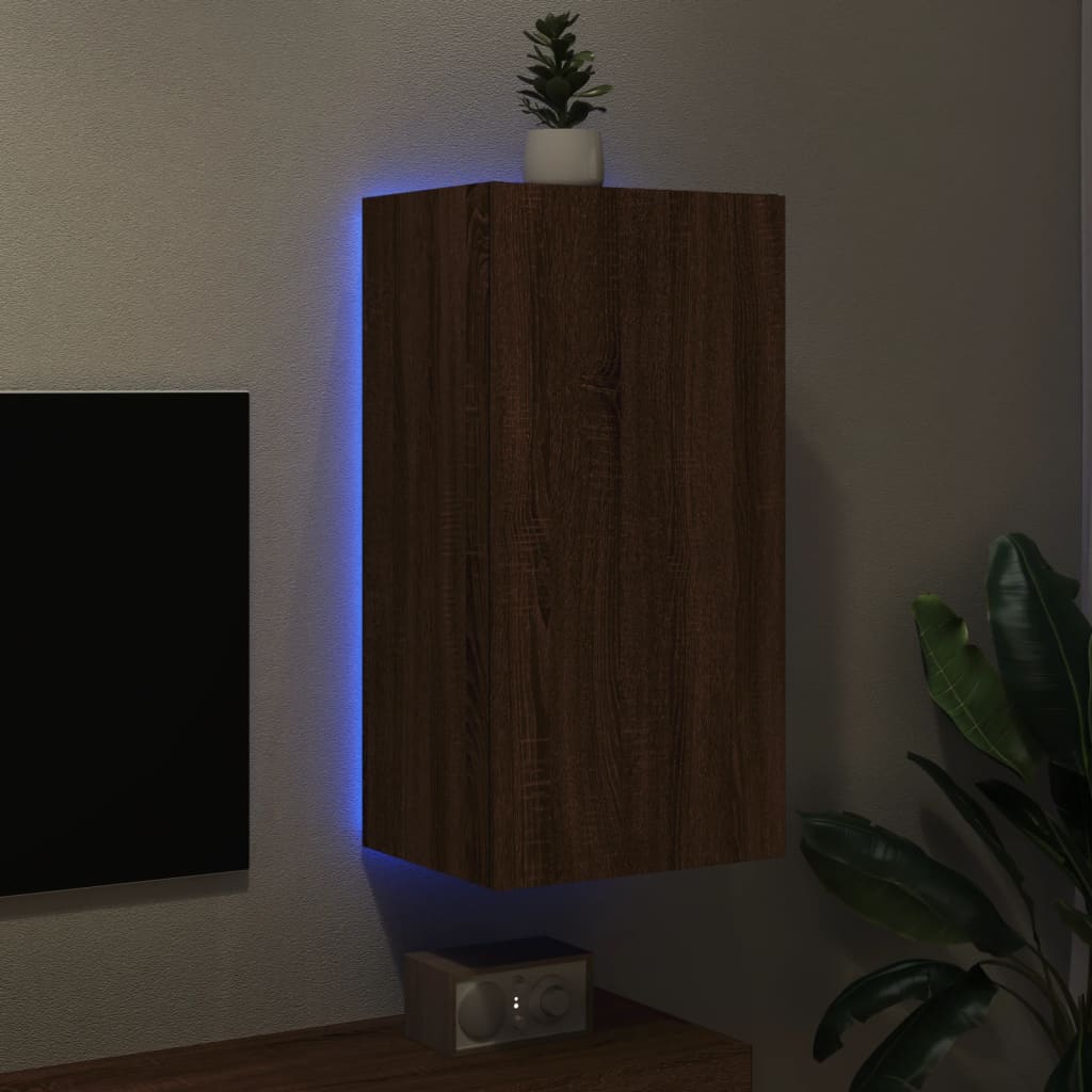 vidaXL TV-seinäkaappi LED-valoilla ruskea tammi 40,5x35x80 cm