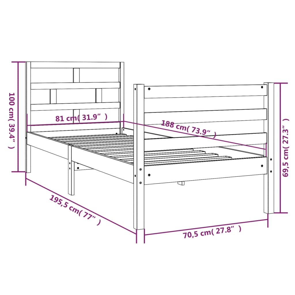 vidaXL Sängynrunko musta 75x190 cm Small Single täysi puu