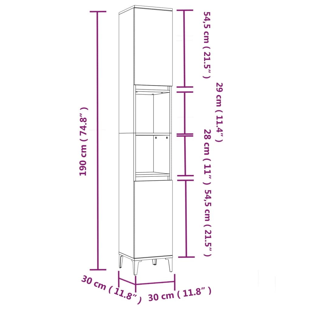 vidaXL Kylpyhuoneen kaappi betoninharmaa 30x30x190 cm tekninen puu