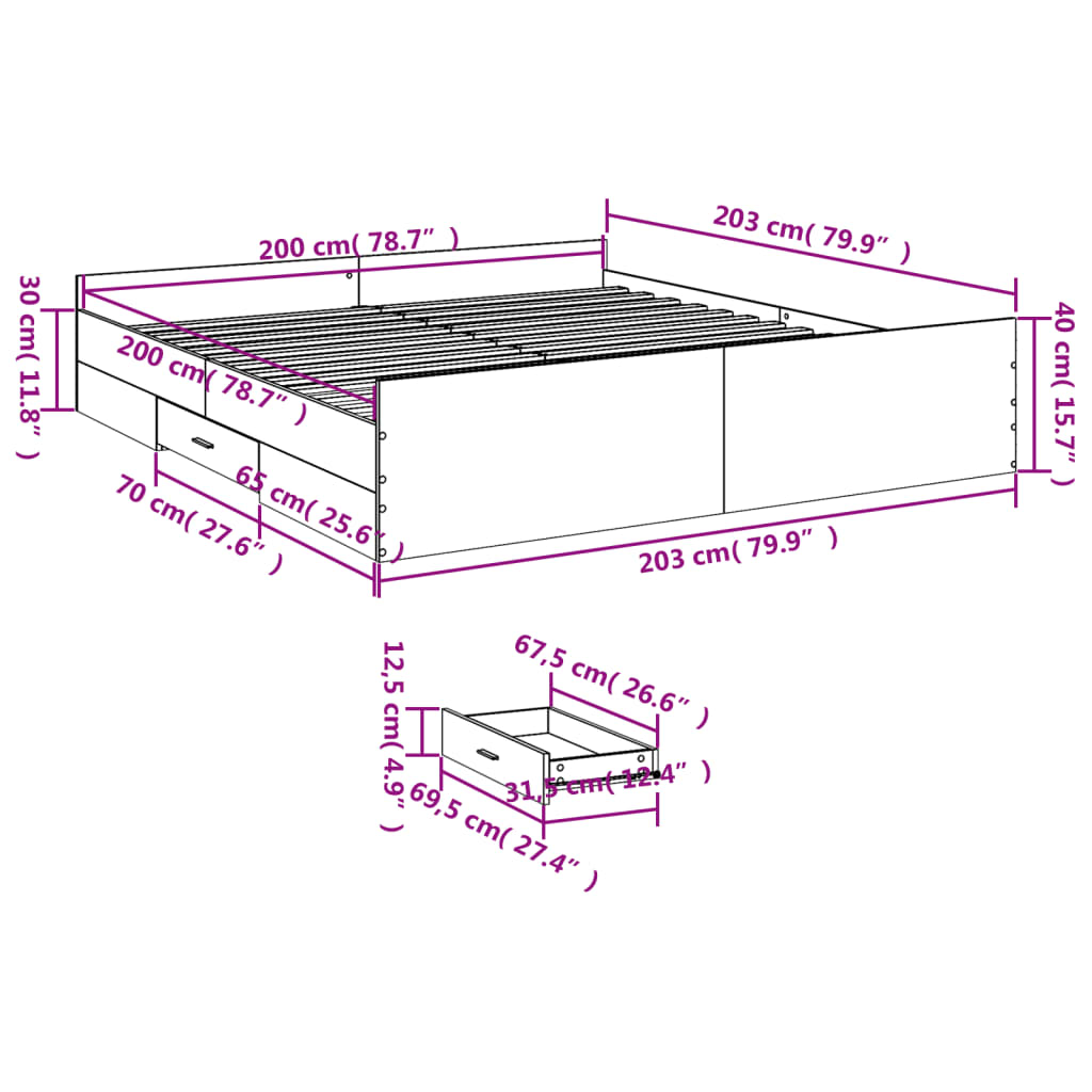 vidaXL Sängynrunko laatikoilla Sonoma-tammi 200x200 cm tekninen puu